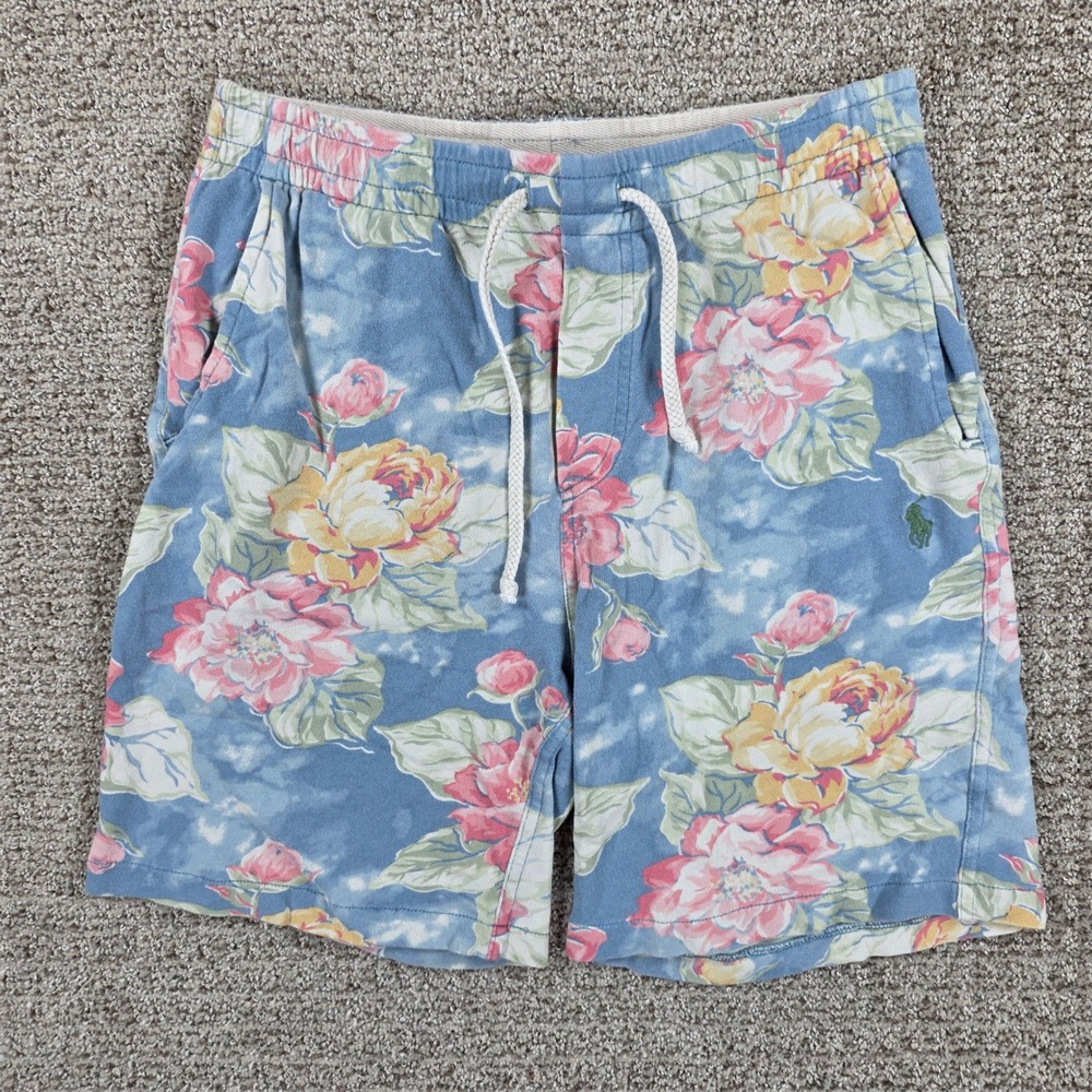 Polo Ralph Lauren Mens XS Blue Floral Sweat Shorts Cotton Drawstring Pony Logo